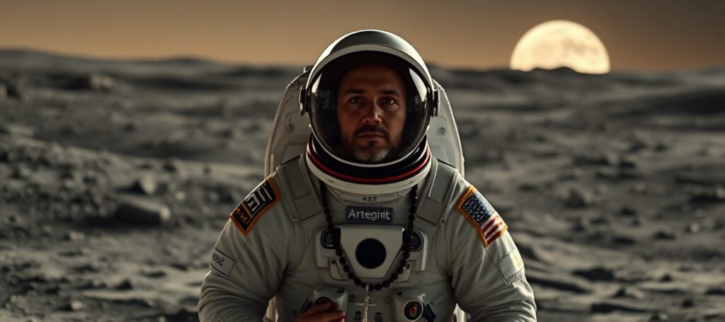 A Catholic astronaut during Artemis II mission holding a rosary before a lunar landscape with craters named 'Integrity' and 'Carroll', emphasizing the absence of true faith in space exploration.