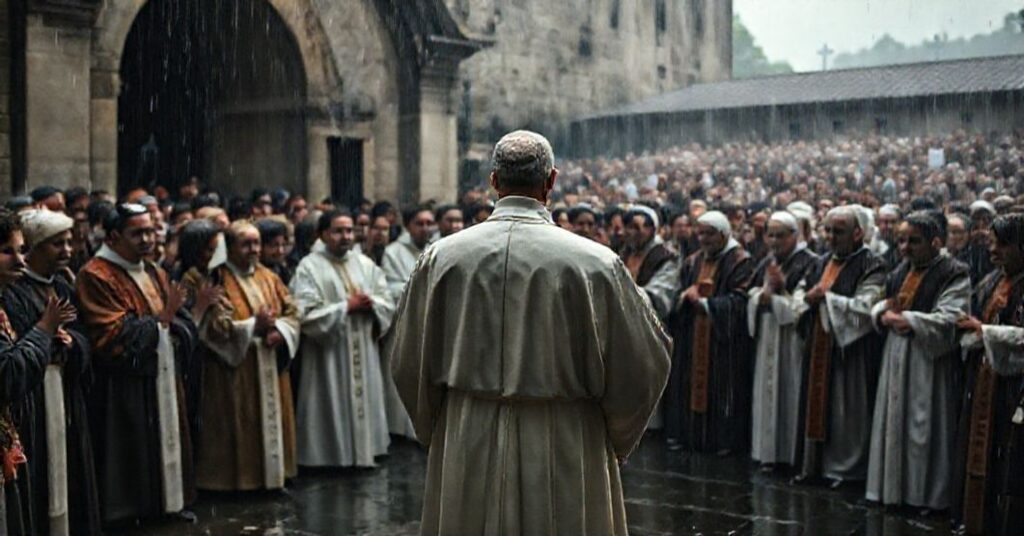 A somber scene at St. Francis' tomb in Assisi as an antipope and modernist bishops gather in rain-soaked solemnity.