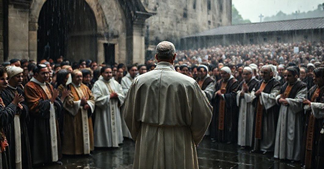 A somber scene at St. Francis' tomb in Assisi as an antipope and modernist bishops gather in rain-soaked solemnity.