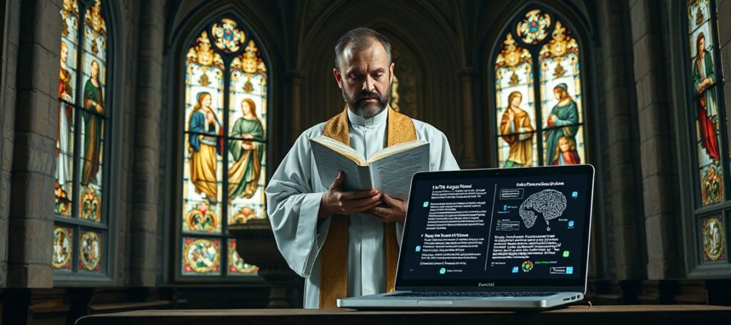 A Catholic priest holding St. Augustine's Confessions near a laptop with AI algorithms, symbolizing the betrayal of Augustinian theology by conciliar humanism.
