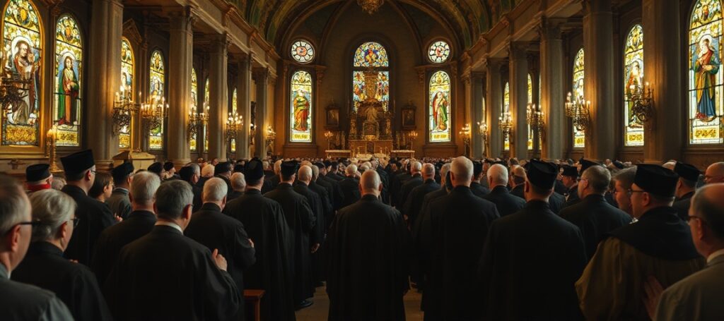 A solemn gathering of Augustinian clergy in a historic Spanish church awaiting the arrival of antipope Leo XIV (Robert Prevost), symbolizing the neo-church's apostasy.