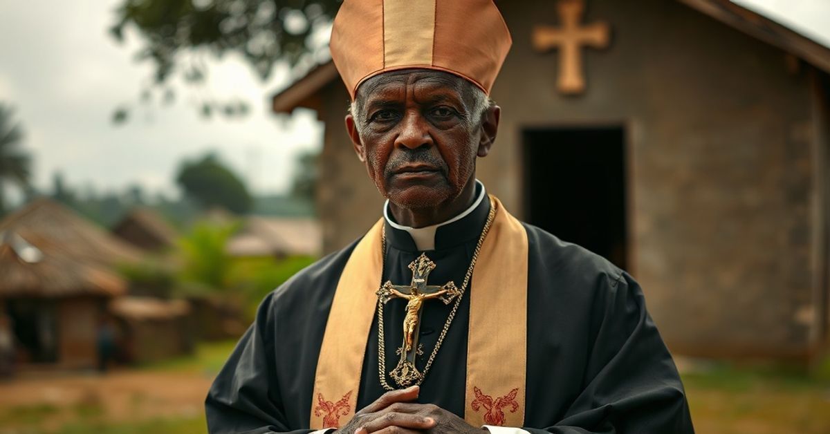 Traditional Catholic bishop praying solemnly in front of a humble church, contrasting with distant imagery of modernist 'papal' delegation in Equatorial Guinea.