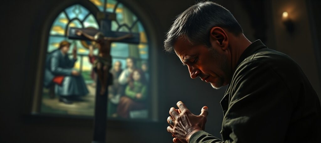 Vincent Stefanek, a B-17 gunner, kneels in prayer before a crucifix in a chapel with stained-glass windows depicting the Warsaw Uprising.