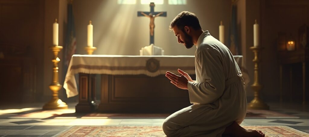 Babe Ruth kneeling in prayer before a Catholic altar holding a Miraculous Medal.