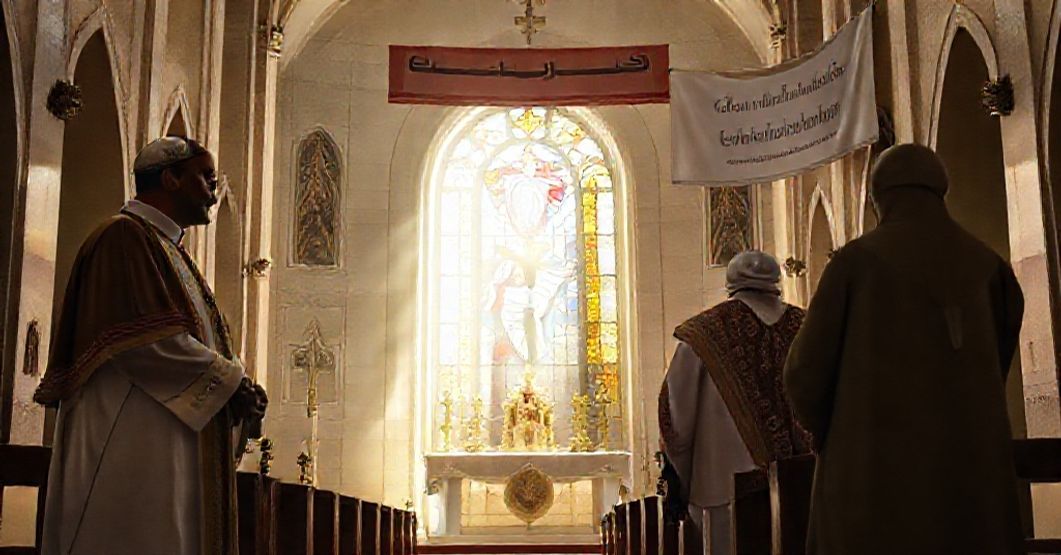 A solemn depiction of Bahrain's Church of the Sacred Heart as a sanctuary under the Apostolic Vicariate of Northern Arabia.