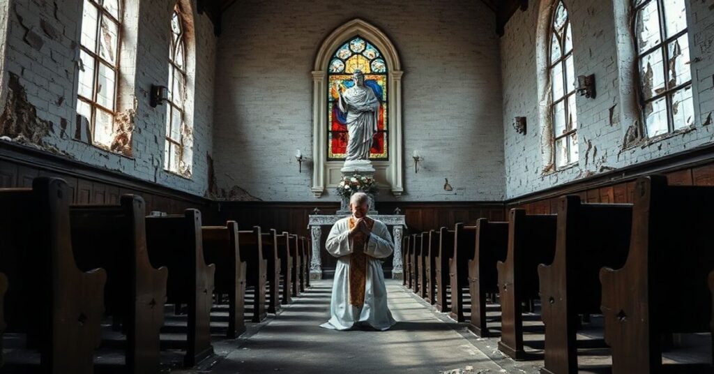 Abandoned Baltimore parish church symbolizing decay and apostasy in the Archdiocese of Baltimore, priests praying before Christ the King statue