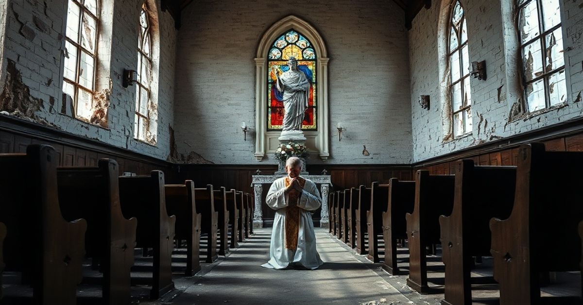 Abandoned Baltimore parish church symbolizing decay and apostasy in the Archdiocese of Baltimore, priests praying before Christ the King statue