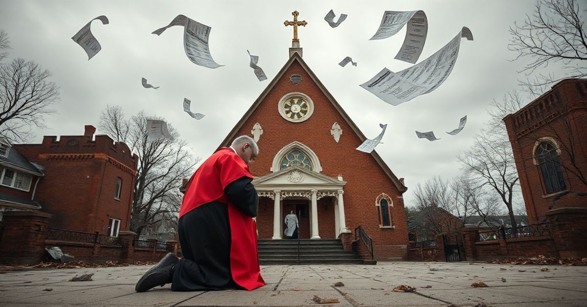 A Catholic priest in traditional vestments kneels in prayer before a closed, dilapidated church in Baltimore, symbolizing the spiritual bankruptcy of the Conciliar Sect.
