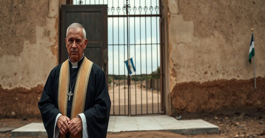 A traditional Catholic priest in liturgical vestments stands before a closed, barred cathedral door in Nicaragua, symbolizing the ban on ordinations amidst political oppression and spiritual crisis.