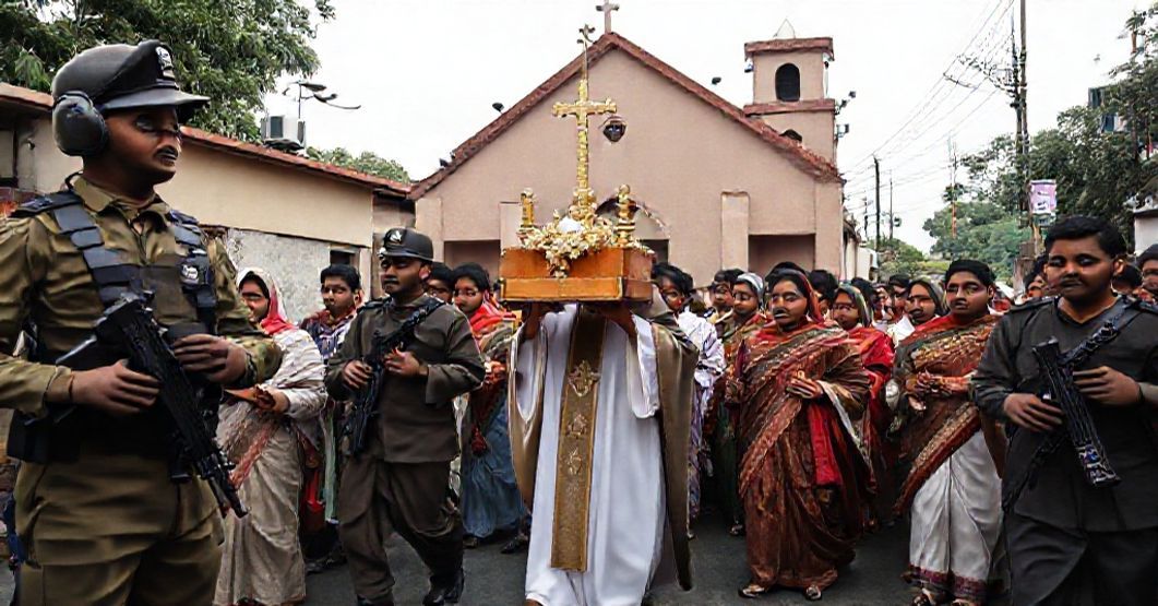Traditional Catholic procession in Bangladesh under military guard during Christmas 2025.