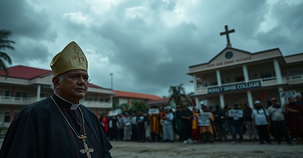 A solemn scene depicting threats against Catholic institutions in Bangladesh, highlighting the conciliar church's surrender of doctrinal clarity.