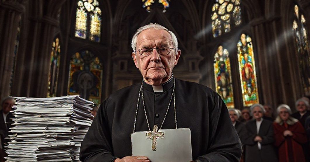 Retired "bishop" Edward Scharfenberger standing before a decaying cathedral with legal documents and a broken pensioner's badge, symbolizing financial and moral collapse.