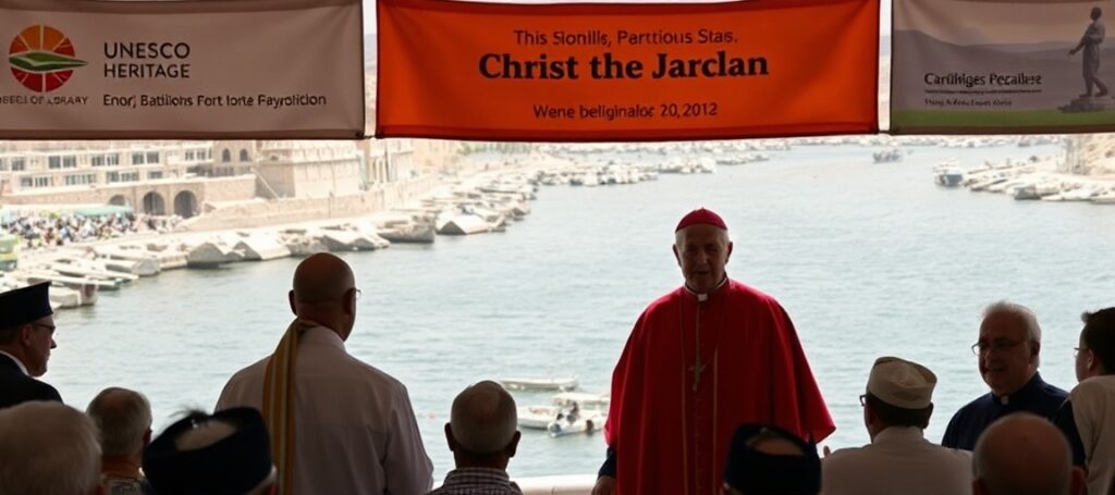 Cardinal Pizzaballa and King Abdullah II at the Jordan River baptism site, promoting interfaith dialogue over Catholic doctrine
