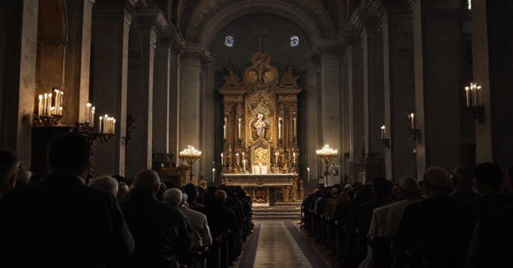 Solemn scene inside the Pontifical Basilica of St. Nicholas in Bari, Italy, depicting the betrayal of St. Nicholas' legacy through ecumenical celebrations.