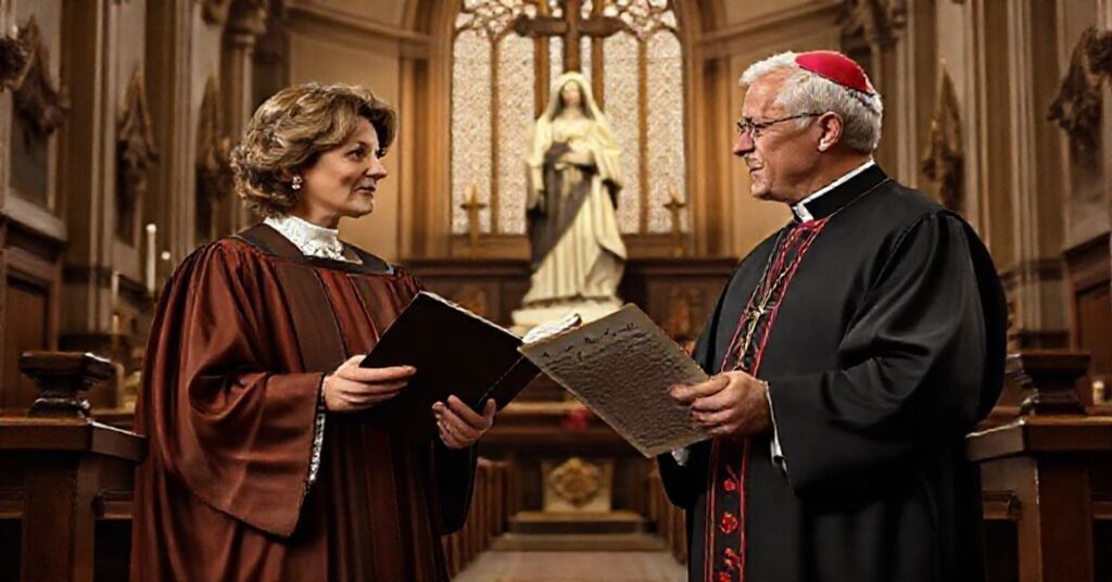 A solemn Catholic scene featuring Justice Amy Coney Barrett and 'Bishop' Robert Barron discussing faith and law in a historic Church setting.
