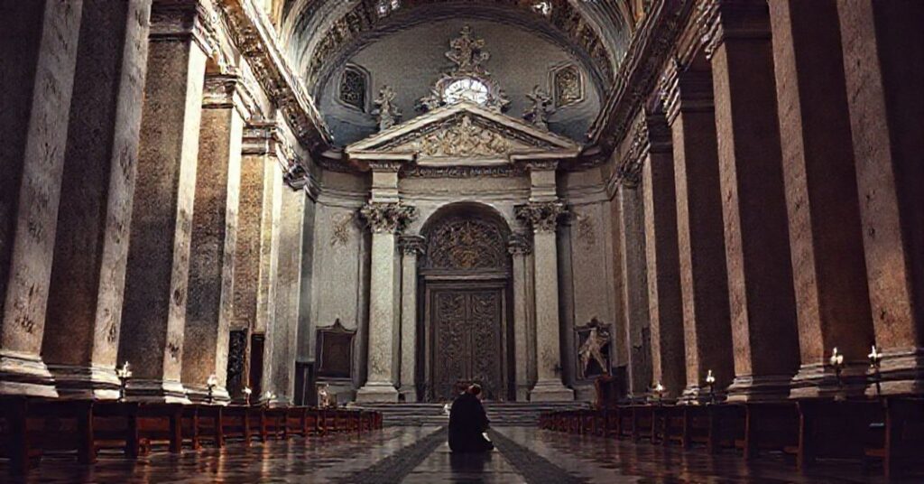 A traditional Catholic pilgrim kneeling in prayer before the Basilica of St. Peter in Rome, highlighting the architectural grandeur but also the spiritual desecration under conciliar occupation.