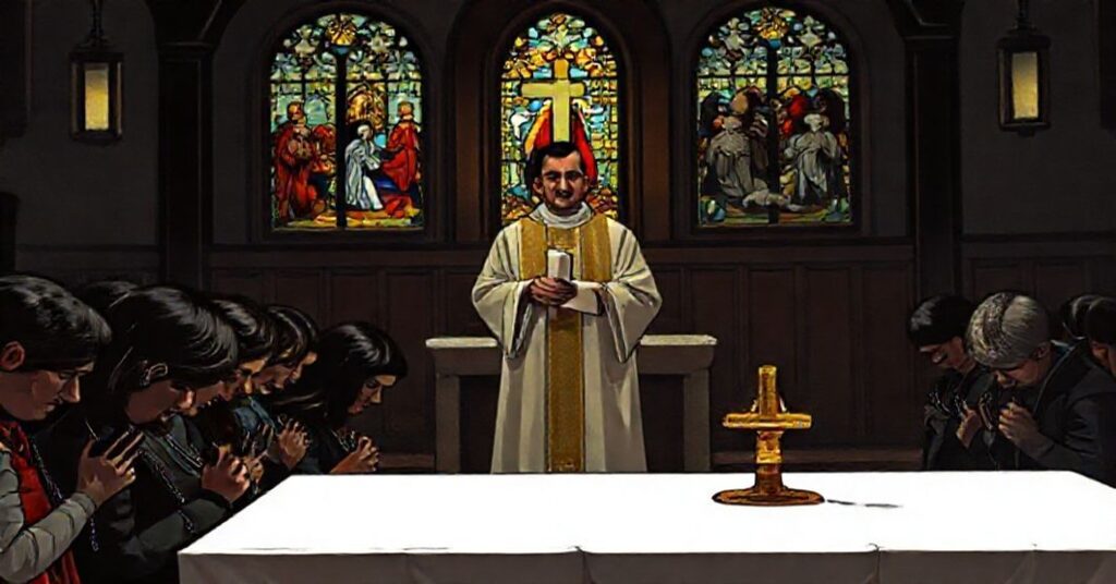 A dimly lit traditional Catholic church with anxious immigrants clutching rosaries and a troubled priest holding a dispensation decree at the altar.