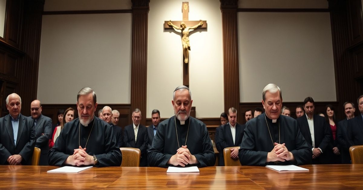 Three Bavarian Benedictine priests in traditional habits seated at a town hall council table, with a crucifix behind them, reflecting on their defiance of canon law.