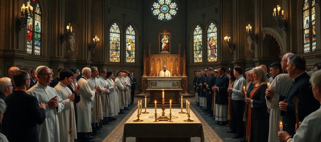 A solemn beatification ceremony in Brno, Czech Republic, presided over by Cardinal Michael Czerny, with traditional Catholic clergy and faithful gathered in reverence.