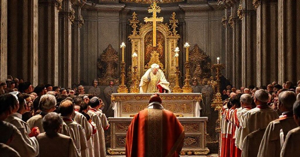 Beatification ceremony of Carmelo De Palma in Bari Cathedral, highlighting the conciliar sect's illegitimate authority and modernist deviation from traditional Catholic teachings.