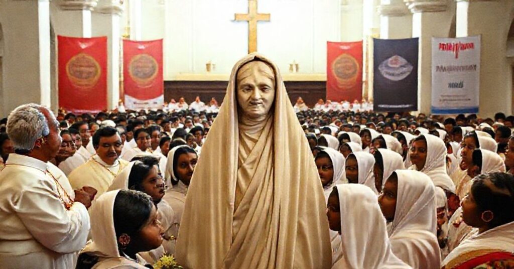 Beatification ceremony of Elisva Vakha'i at Vallarpadam Basilica in Kerala, presided over by Cardinal Sebastian Francis. The scene shows a statue of Vakha'i surrounded by impoverished girls and modernist banners.