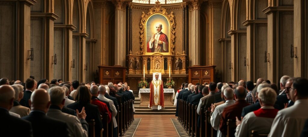 A solemn depiction of the beatification ceremony of Fulton J. Sheen in St. Louis, highlighting the modernist compromise of the conciliar sect under usurper Leo XIV.