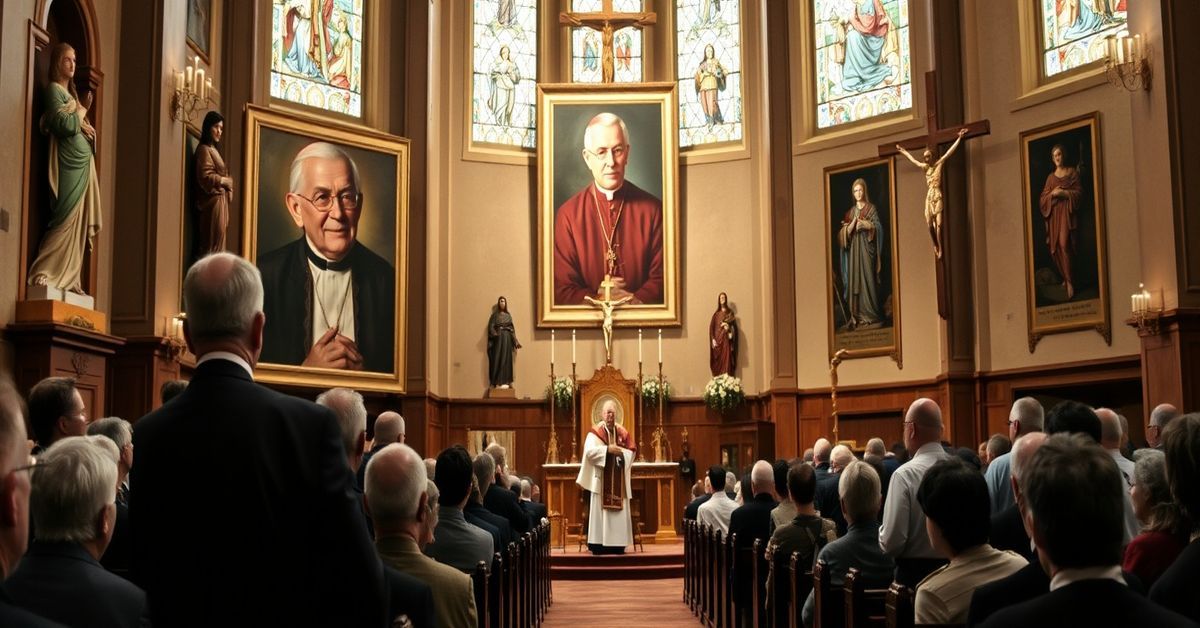 A solemn Catholic church interior depicting the beatification of Archbishop Fulton Sheen as a symbol of conciliar apostasy.