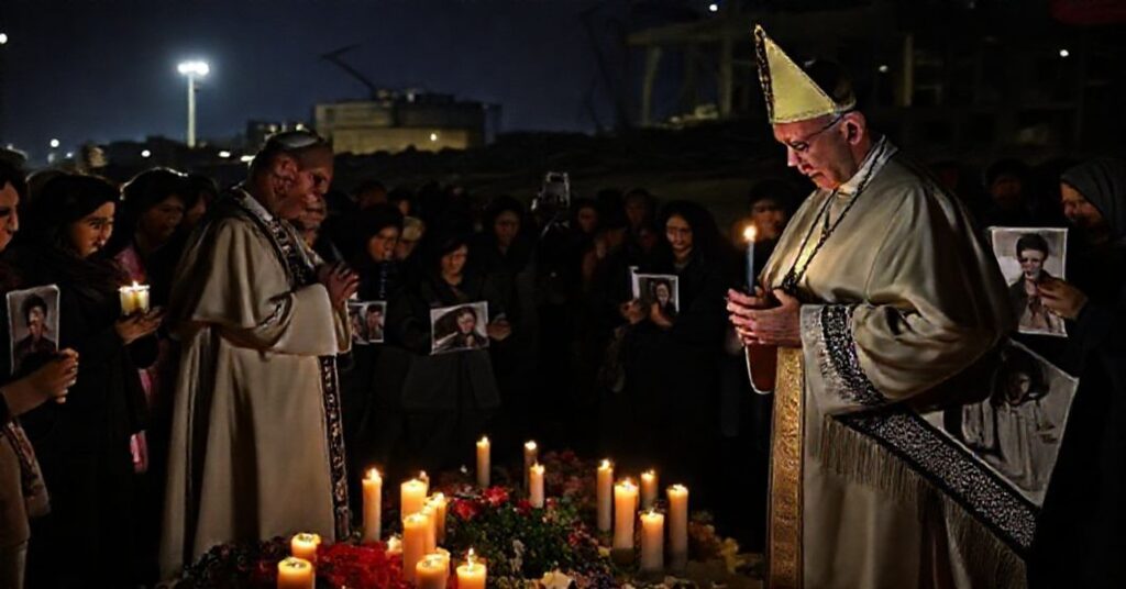 Antipope Leo XIV at Beirut port explosion memorial with grieving families holding photos of deceased relatives in a solemn, secular setting.