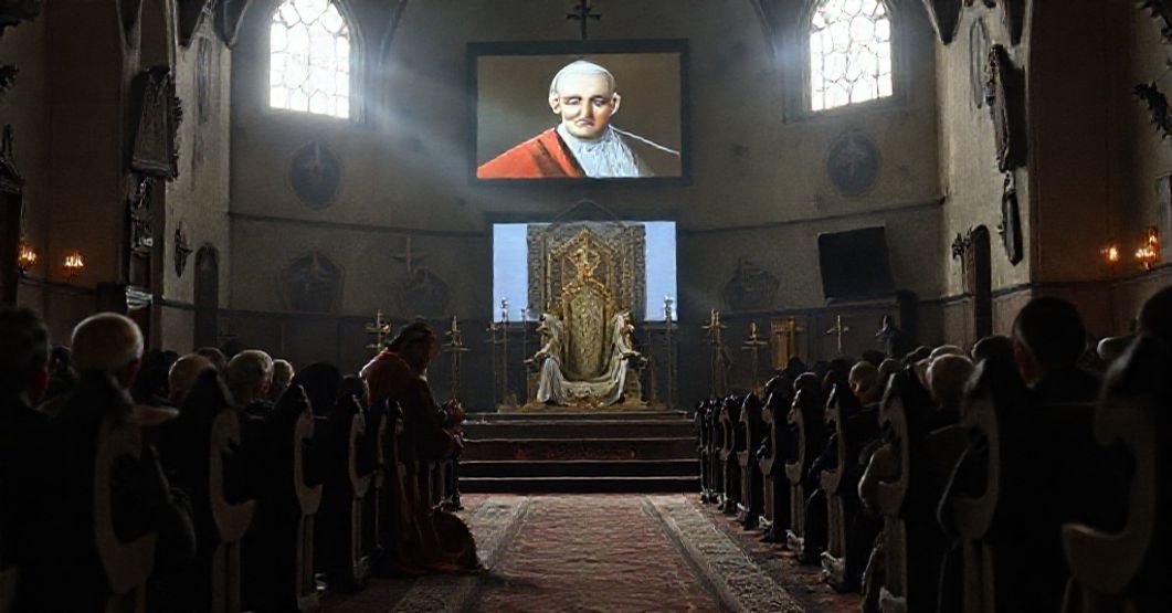 Maronite 'Archbishop' Paul Abdel Sater kneeling in prayer before an empty throne in a dimly lit Lebanese church, symbolizing false hope placed in the antipope's visit.