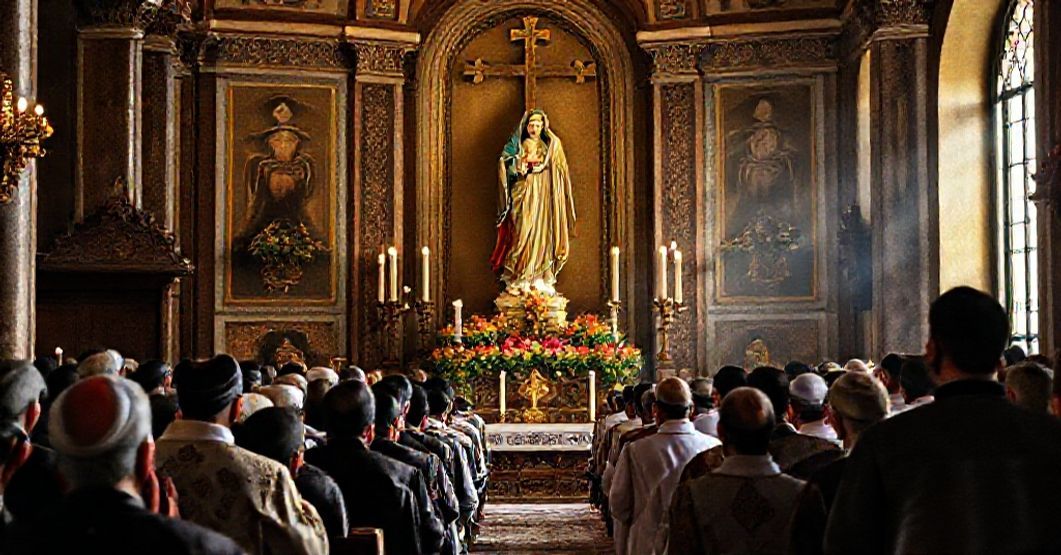 A reverent Catholic Mass in Beirut with Maronite faithful praying before Our Lady of Harissa, symbolizing the betrayal of Christ's Kingship by the Neo-Church's naturalistic peace appeal.