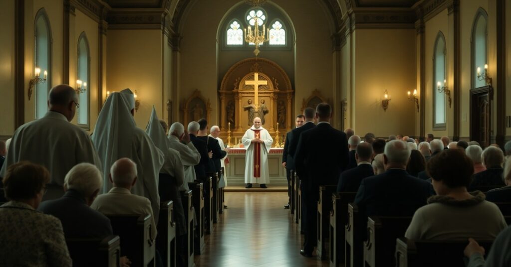 A solemn Catholic Mass in a Belarusian church with Polish priests being denied entry by authorities, symbolizing the persecution of the Church.