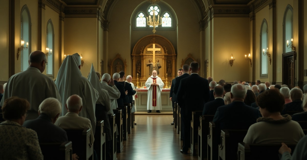 A solemn Catholic Mass in a Belarusian church with Polish priests being denied entry by authorities, symbolizing the persecution of the Church.