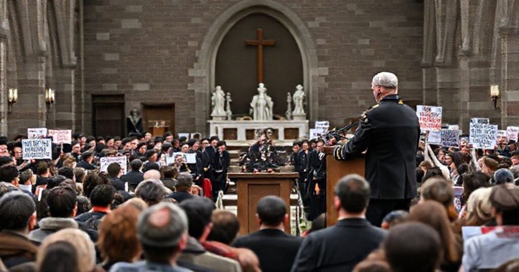 Retired Army General Jeffrey Talley at Belmont Abbey College podium with Notre Dame professor Pamela Butler distributing contraceptives in the background.