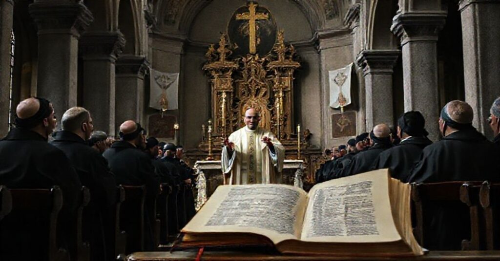Antipope Leo XIV addresses Benedictine monks in Sant'Anselmo Church, Rome, 2025, amidst modernist symbols and traditional Catholic architecture.