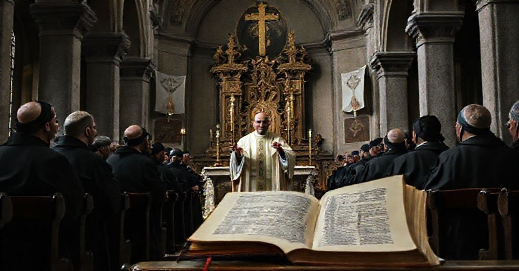 Antipope Leo XIV addresses Benedictine monks in Sant'Anselmo Church, Rome, 2025, amidst modernist symbols and traditional Catholic architecture.