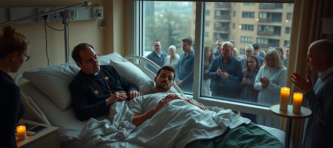 A solemn moment of young man Alex Lynch surrounded by Benedictine College officials and students in a hospital room with yellow pins.