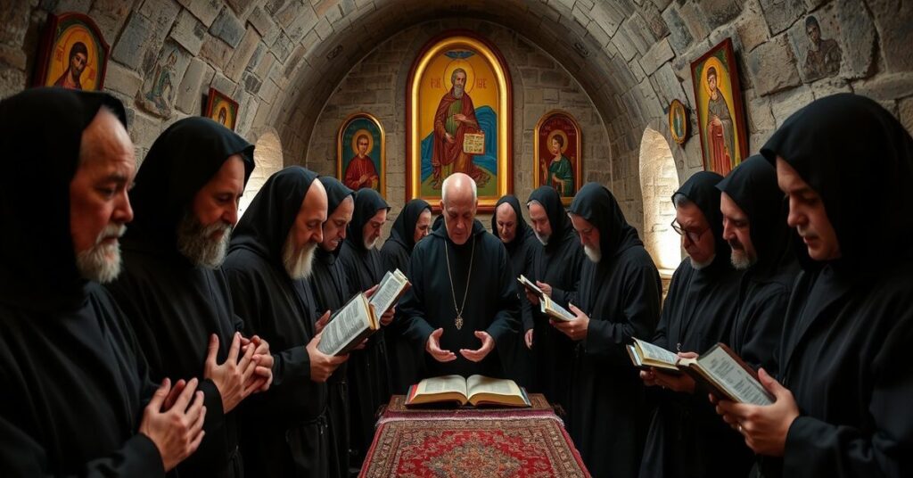 Traditional Benedictine monks in solemn prayer during the 2026 U.S.-Israel conflict, emphasizing reverence and devotion.