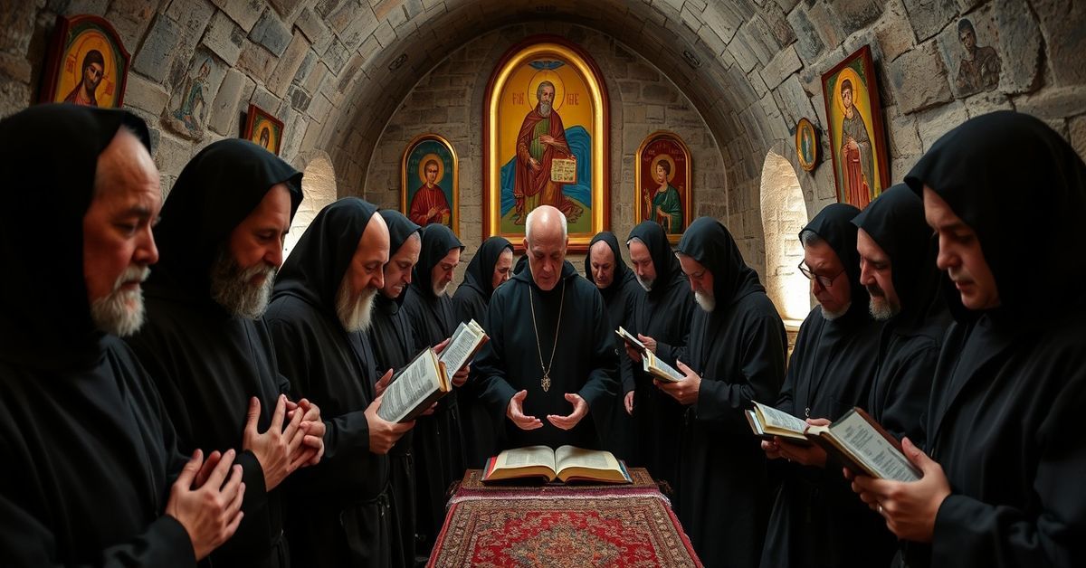Traditional Benedictine monks in solemn prayer during the 2026 U.S.-Israel conflict, emphasizing reverence and devotion.