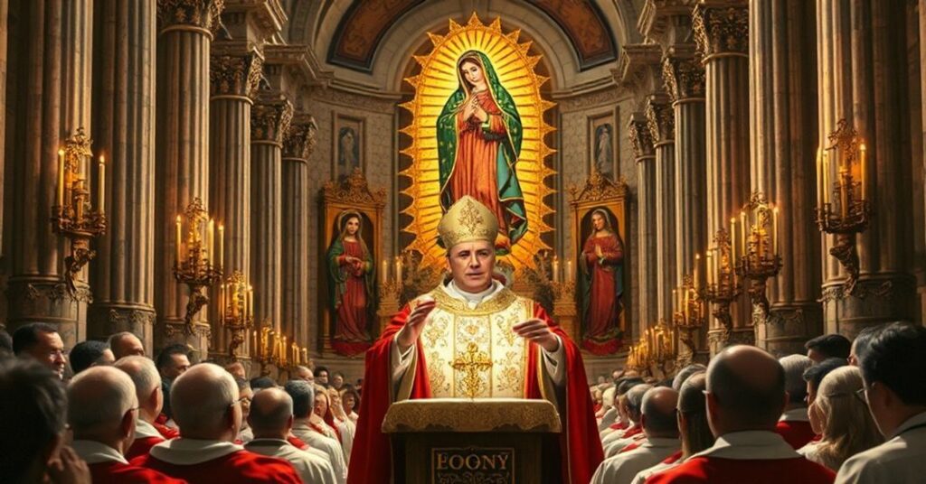 A critical depiction of antipope Leo XIV celebrating a modernist 'Mass' in honor of Our Lady of Guadalupe, highlighting the Bergoglian sect's exploitation of Marian devotion for conciliar apostasy.