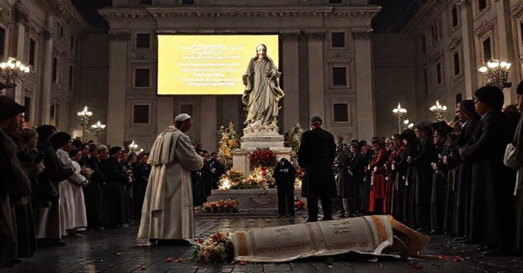 Bergoglian Antipope Leo XIV (Robert Prevost) mocks true Marian devotion with a Masonic ritual in Rome's Piazza di Spagna on December 8, 2025.