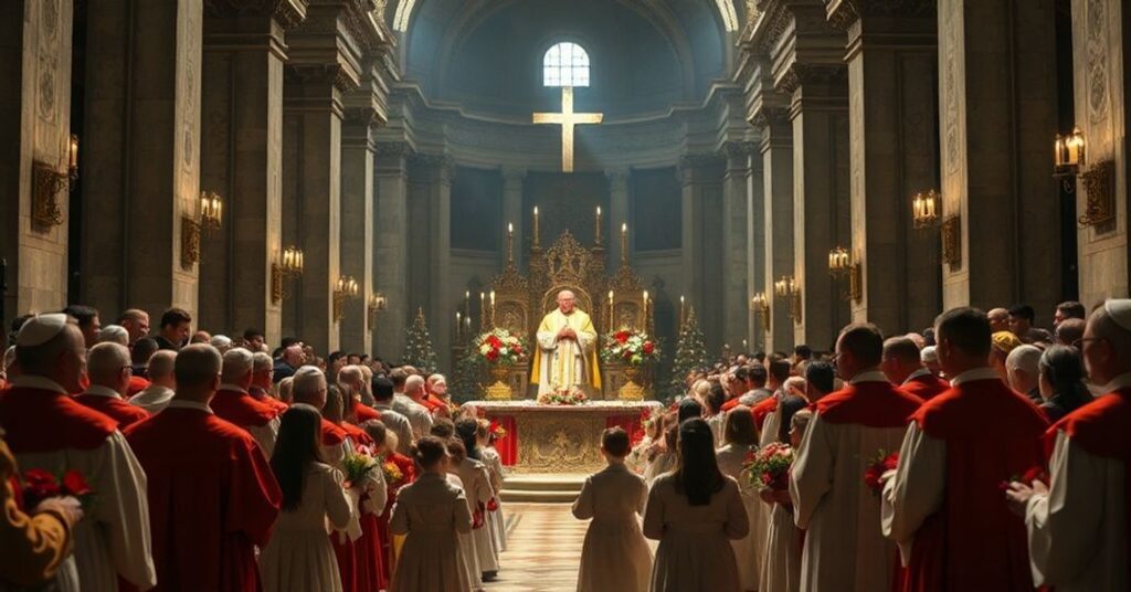 A solemn Midnight Mass in St. Peter's Basilica in 2025 with antipope Leo XIV presiding over a Novus Ordo liturgy.