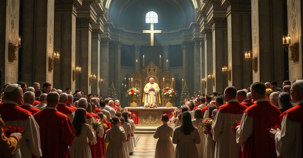 A solemn Midnight Mass in St. Peter's Basilica in 2025 with antipope Leo XIV presiding over a Novus Ordo liturgy.