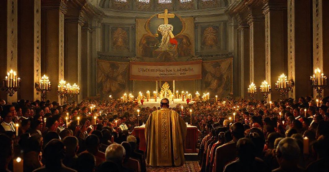 Bergoglian Echoes: Leo XIV's Naturalistic 'Gospel' Replaces Christ's Social Kingship A solemn ceremony with Leo XIV (Robert Prevost) addressing a crowd in a Vatican basilica, replacing Christ's social kingship with naturalistic ideals.