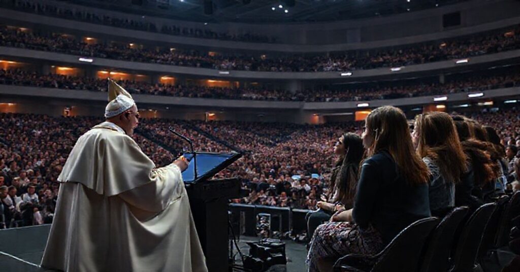 A solemn moment during the National Catholic Youth Conference (NCYC) in Indianapolis in 2025, showing a stadium filled with youth as antipope Leo XIV (Robert Prevost) engages in a staged digital conversation with teenagers.