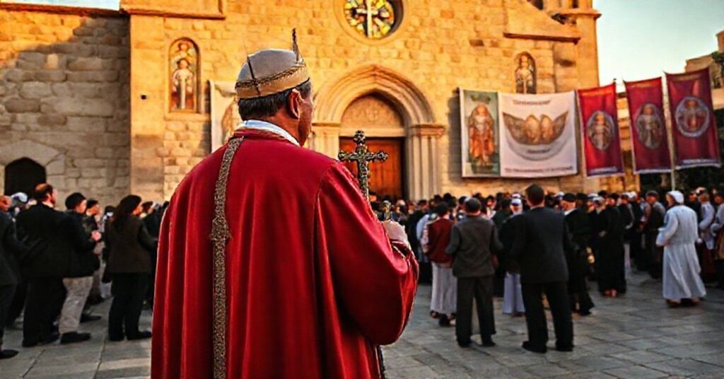 A Catholic bishop stands resolutely before a Lebanese church as interfaith syncretism unfolds in the plaza, symbolizing the clash between orthodoxy and modernist compromise.