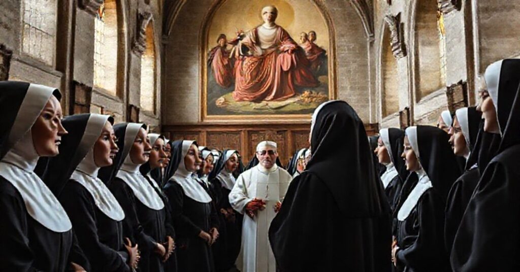 Antipope Leo XIV addressing Augustinian nuns in a historic monastery, highlighting the contrast between traditional monastic life and modernist subversion.