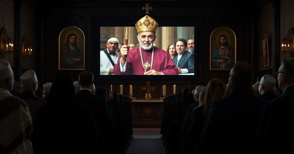 A group of traditional Catholics gathered in a church, watching a documentary about Jorge Mario Bergoglio with expressions of reverence and concern.