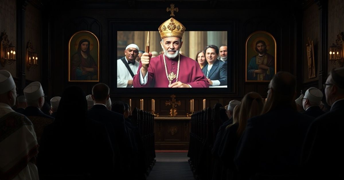 A group of traditional Catholics gathered in a church, watching a documentary about Jorge Mario Bergoglio with expressions of reverence and concern.