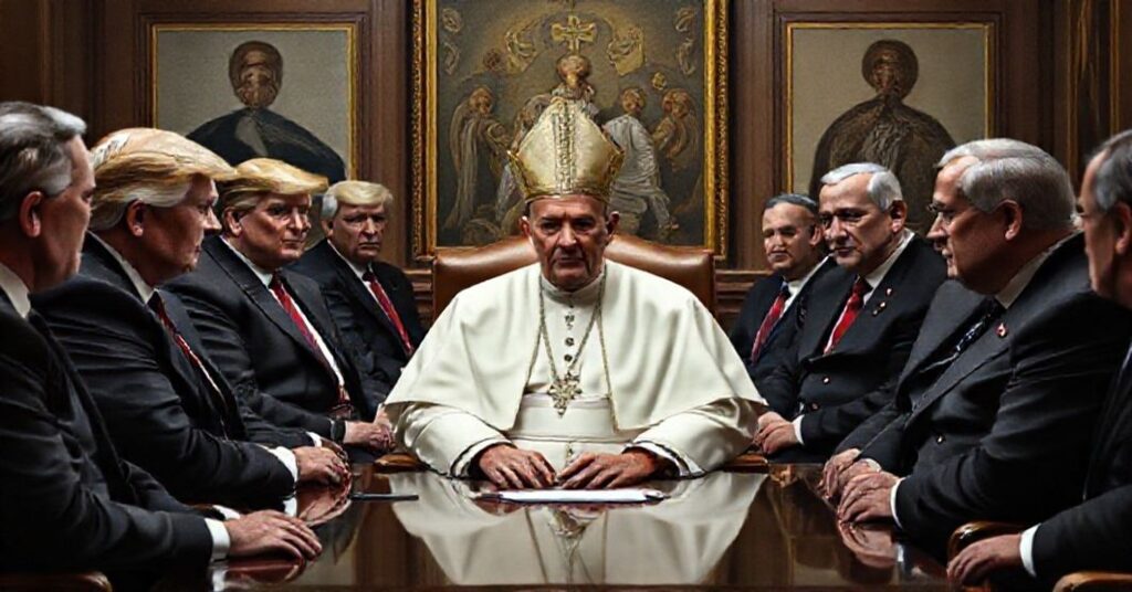 A solemn portrait of Jorge Bergoglio ("Leo XIV") engaged in diplomatic talks with world leaders, reflecting the subversion of Catholic social kingship.