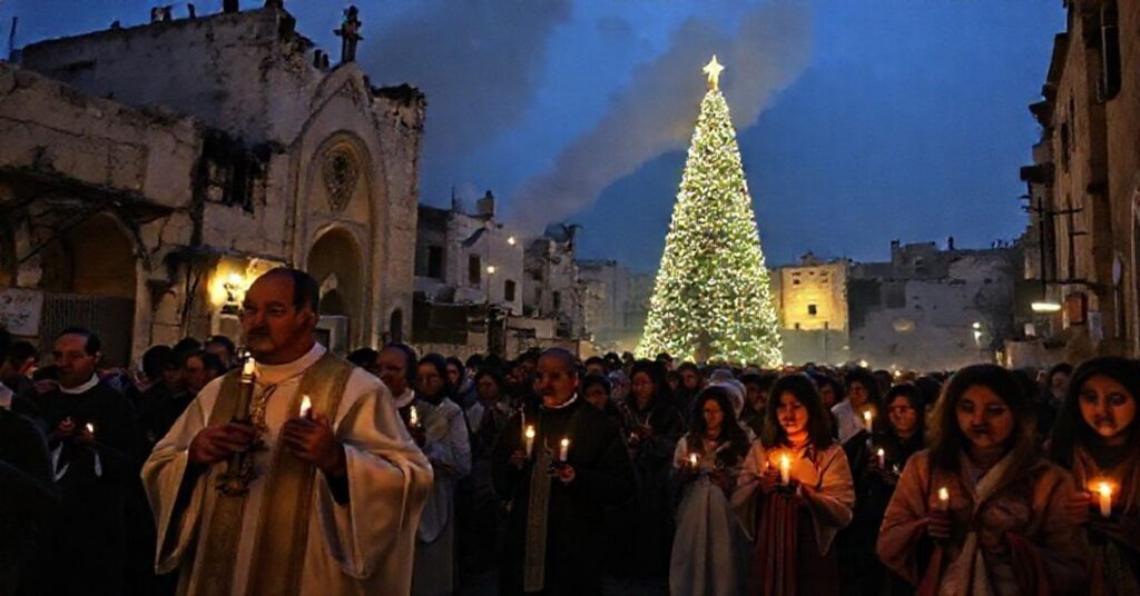 Catholic procession in Bethlehem's Nativity Square amid war-torn ruins and a lit Christmas tree.